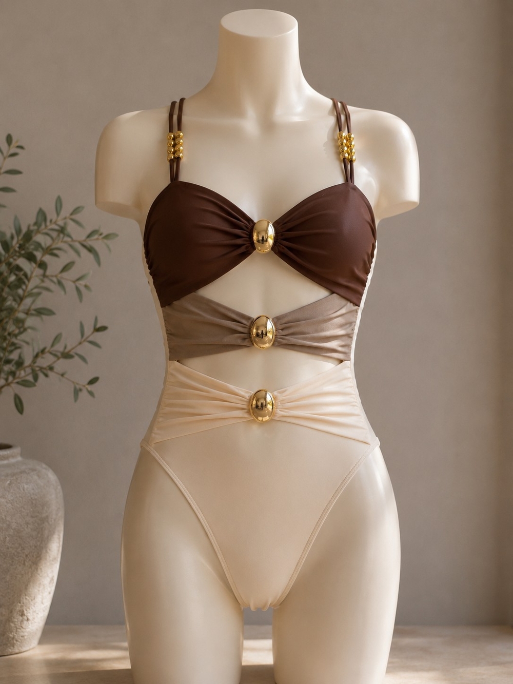 Colorblock Gold-Accent One-Piece Swimsuit in Brown, Taupe & Cream